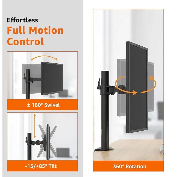 amazon basics Single Monitor Arm | Height Adjustable VESA Desk Mount with Cable Management, Full Motion Tilt and 360° Rotation, Fits 13–30 Inch Monitors (Steel, Black) - Image 4