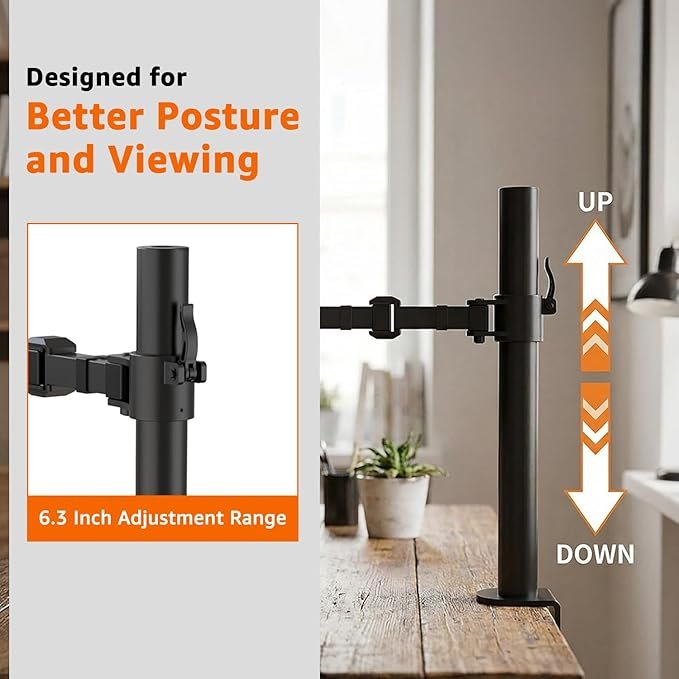amazon basics Single Monitor Arm | Height Adjustable VESA Desk Mount with Cable Management, Full Motion Tilt and 360° Rotation, Fits 13–30 Inch Monitors (Steel, Black) - Image 2