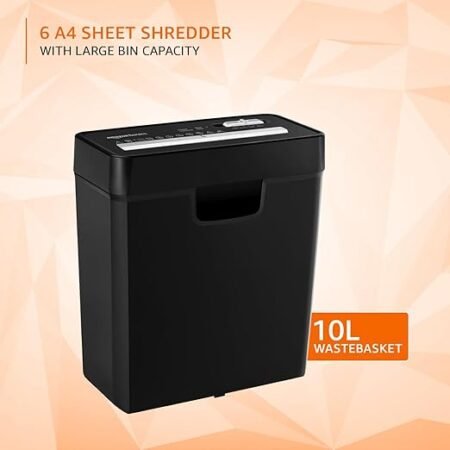 Amazon Basics 6-Sheet Strip Cut Paper & Credit Card Shredder, 10 Liter Waste Basket Capacity|for Office and Home Usage| 1 Year Brand Warranty